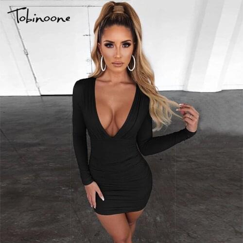 Tobinoone Spring Summer Bodycon Mini Dress 2020 Black Women Cut Out Sexy Dress Long Sleeve Elegent Dress Party Nightclub Wear