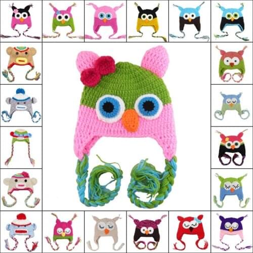 19 Bright Colors Baby Girl Boy Kids Lovely Cashmere Wool Crochet Bebe Hat Owl Monkey Mouth Cap Hand Knitted Hat Beanies Headwear