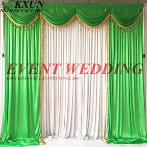 2.4M 3M 6M Long White & Green Ice Silk Backdrop Curtain With Swag Drapery For Wedding Decoration