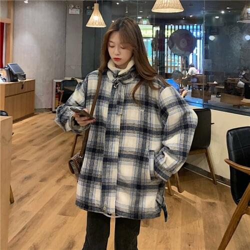 2020 Winter Jacket Parkas Women Coat Faux Lamb Coat Autumn Winter Short Lapel Thicken Warm Plaid Coats Outerwear Streetwear 1442