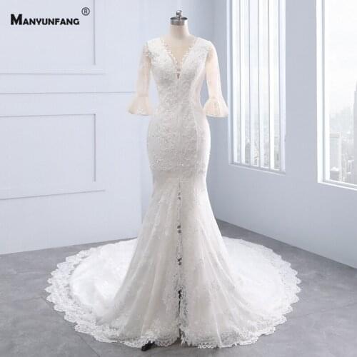 2021 Hot Sale Chapel Train Embroidery Appliques Tulle V-Neck Mermaid Wedding Dress Luxury Three Quarter Sleeve Bridal Gown