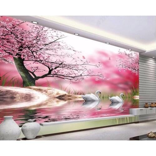 Custom photo 3d room wallpaper Non-woven and silk romantic cherry blossom tree swan lake 3d wall murals wallpaper for walls 3 d