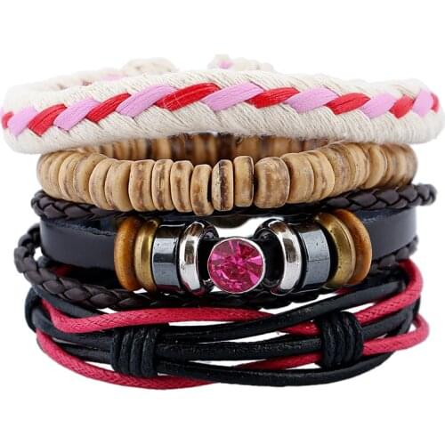 4PCS/Set Retro Boho Hippie Punk Hot Pink Rope Wrap Brown Black Leather Beige Wood Beads Multi Layers Bracelets Bangles Unisex