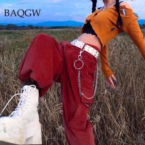 Casual Pants Women Corduroy Solid Harem Loose Streetwear Harajuku High Waist Hip-hop Cool Leggings Trendy Trousers with Chain