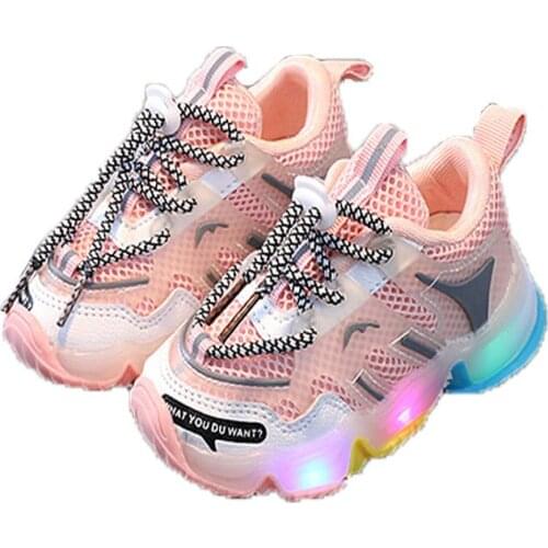 Kids Sneakers For Girls Boys LED Light Shoes Patchwork Fashion Colorful Soft Bottom Breatheable Mesh Casual Shoes Size 21-30 New