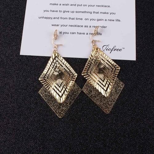 Long clip on earrings For Women square Classic Pattern Hollow Round non pierced earrings ear clips bridal women jewelry earrings