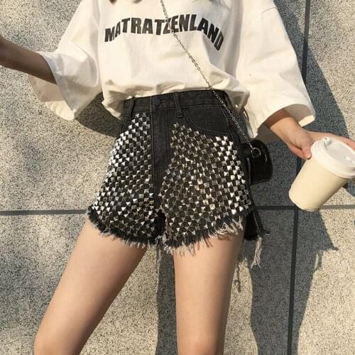 Denim Shorts Women High Waist Rivet Raw Edges Cowboy Do the old Blue Shorts Ladies