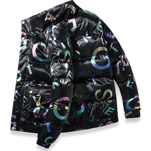 ERENEJIAN Mens Fashion Winter Parkas Cotton Lined Thick Warm Puffy Overcoats Letter Printed Shinny Bright Outerwear Tops