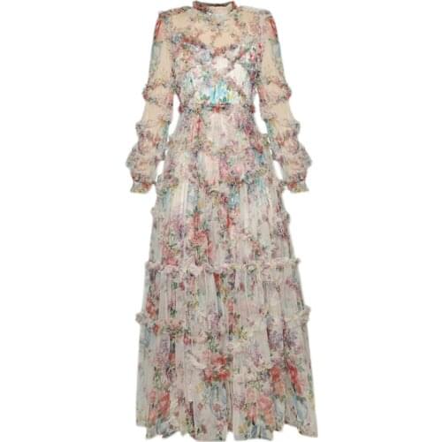 Hot Selling Designer dress Womens Dress Lantern Sleeve Mesh Print Cascading Ruffle Vacation Ball Gown Dresses Holiday Dress