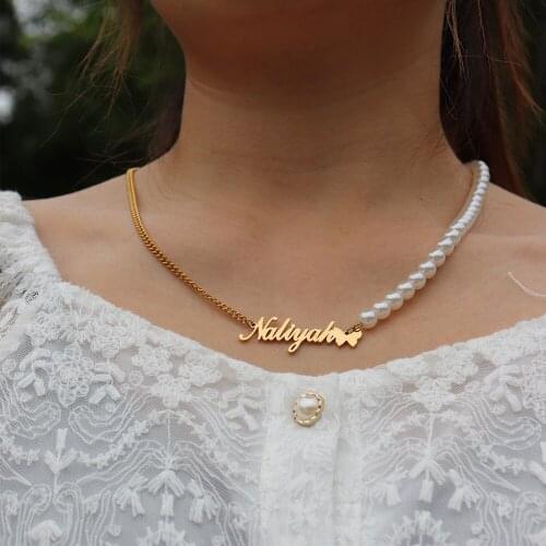 Personalized Name Necklace Women Rose Gold Color Stainless Steel Chain Custom Butterfly Pearl Necklace Choker Statement Jewelrty