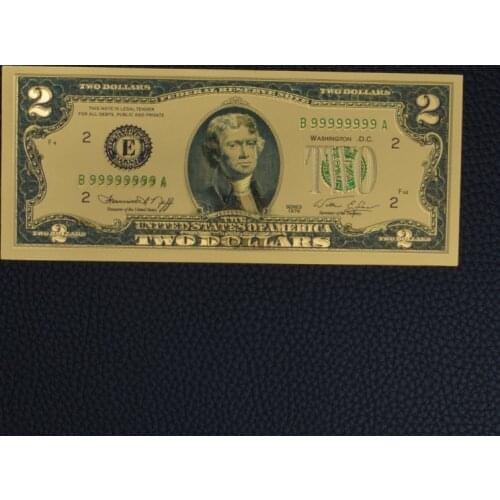 Gold Plated Banknotes Antique Gold Foil 2 Dollar Currency Commemorative Dollar Banknotes Decorative Counterfeit Notes