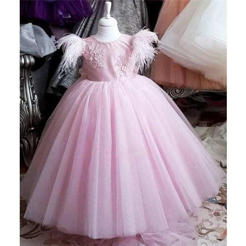 New Pink Baby Girls Dresses Lace Feather Long Kids Clothes Infant Toddler Children First Birthday Dress for Ceremony