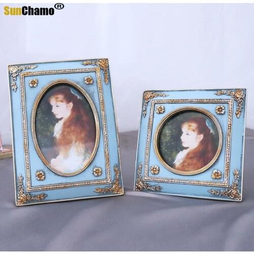 European Style Retro Gold and Blue Carved 6 Inch Square 4 Inch Photo Frame Set Up French Light Luxury Creative Resin Wall