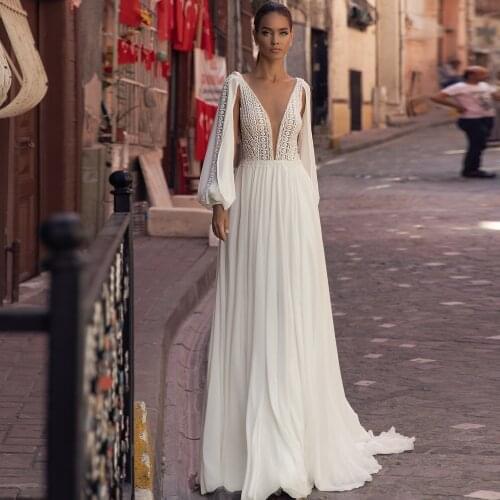 Sexy Chiffon Detachable Long Sleeves Beach Wedding Dress 2021 Deep V Neck Backless Lace A Line Bridal Gown White Boho Bride