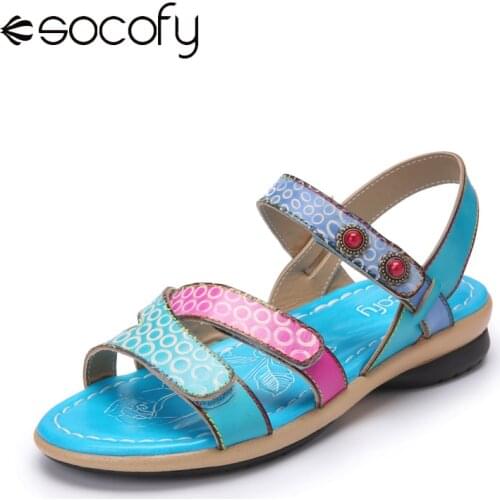 Socofy Ethnic Print Beading Color Blocking Genuine Leather Hook Loop Comfy Flat Sandals Women Shoes Beach Stripe Sandals