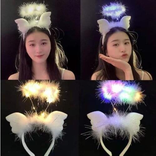 Cute Women Girls Plush Feather Angel Wings Halo Headband LED Glowing Lights Masquerade Halloween Dress Up Headwear Props