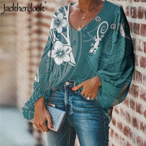 Jackherelook Blue Polynesian Tribal Print Loose Chiffon Blouses for Womens Hawaiian Hibiscus Design Lantern Sleeve Tops Shirts