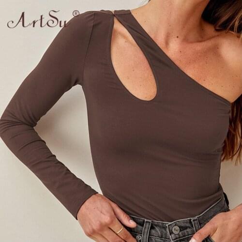 ArtSu 2021 Fall Women Fashion One Shoulder Skinny Solid Hollow Out Crop Top Sexy Y2K Streetwear Long Sleeve T-Shirt