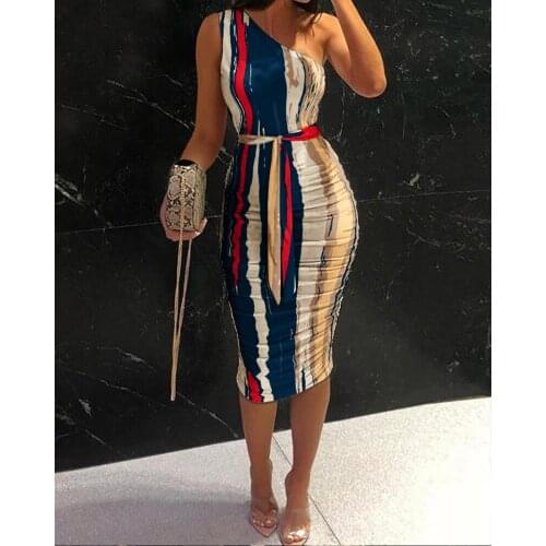 2021 Women Elegant Fashion Sexy Party Slim Fit Dresses One Shoulder Belted Ruched Design Bodycon Midi Dress vestidos de fiesta