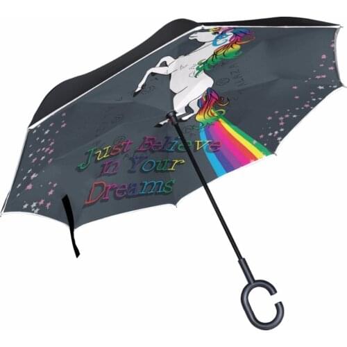 Just Believe In Your Dreams Unicorn Umbrellas Windproof Reverse Folding Double Layer Inverted Umbrella Self Stand C-Hook for Car