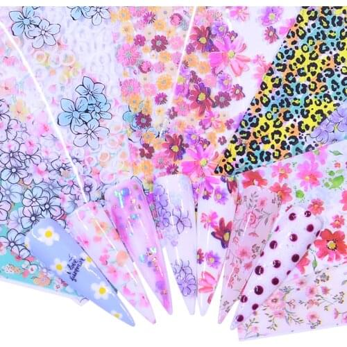 YZWLE 10pcs Flower Nail Art Foils Transfer Slider Mixed Designs Rose DIY Sticker Nail Foil UV Gel Adhesive Wraps Accessories
