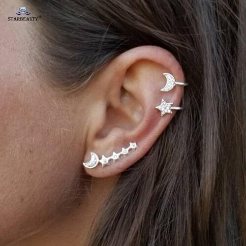 3 pcs/lot Cute Star Moon Ear Piercing Star Earrings Set Helix Piercing Silver Color Fake Earrings Fake Piercing Ear Jewelry