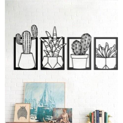 4 Piece Cactus Metal Frame Botanical Canvas Painting Pictures for Living Room Home Decoration Wall Hanging Plaque Nordic Styles
