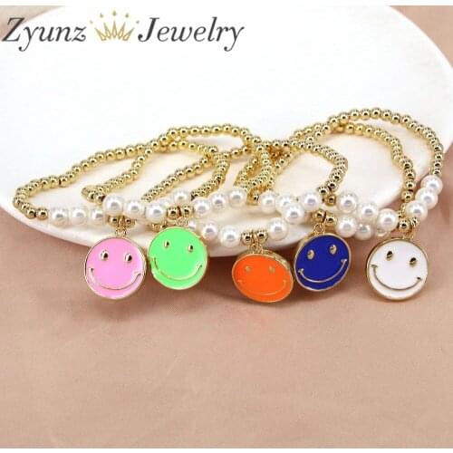 5PCS, Smiling Face Enamel Charms Bracelet for Women Hot Fashion Vintage Pearl Beads Bracelet Wholesale Jewelry