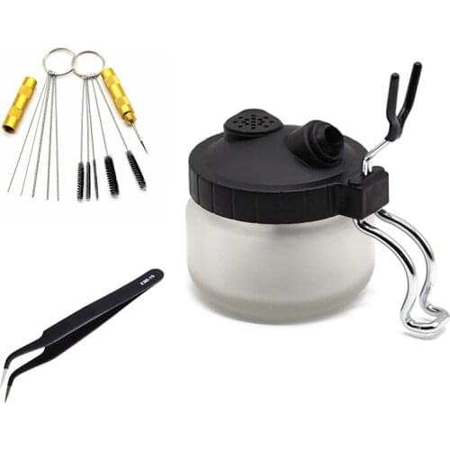 Airbrush Cleaning Pot Spray Gun Cleaner Glass Air Brush Holder Clean Paint Jar Bottle Clean Tools Needle Nozzle Brush Set