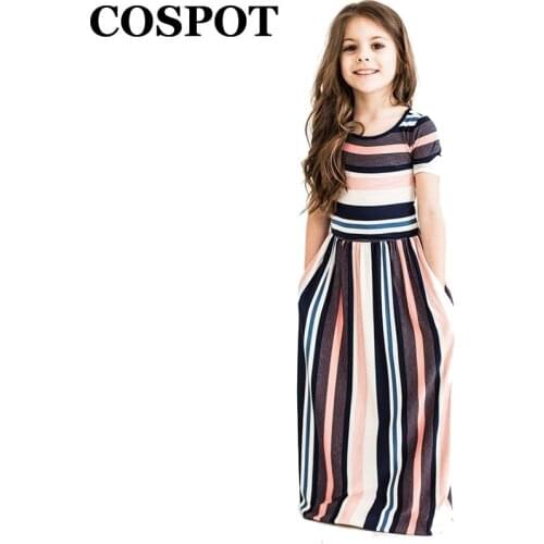 COSPOT Baby Girls Beachwear Long Dresses Girl Bohemian Short-sleeved Striped Dress Princess Summer 2T-10T 2021 New Arrival 40E