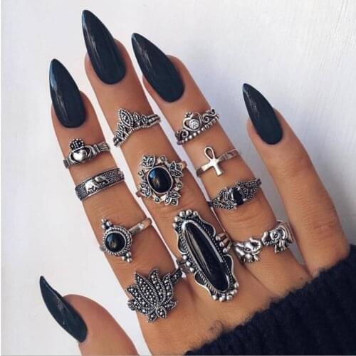 11PCS/set patterns knuckle ring Alloy ring black stone setting flower crown elephant hand cross eye carving old silver color