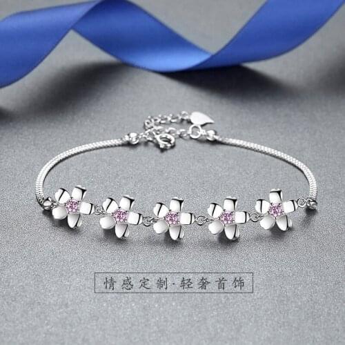 Cute Women Crystal Pink Cherry Blossoms Bracelets for Girls Jewelry 2021 Fashion Silver Plated Women Bracelets Accessories Gift