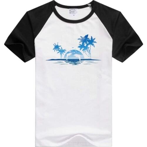 Dolphin palm tree sunset short sleeve men T shirt blue trees black color shoulder panda style shoulder tees GB002