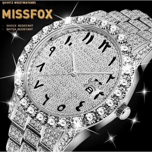Original MISSFOX Relogio Masculino Arabic Numbers Watch AAA Watch Men Yacht Master Big Dimaond Bezel Iced Out Watch Mens Gift