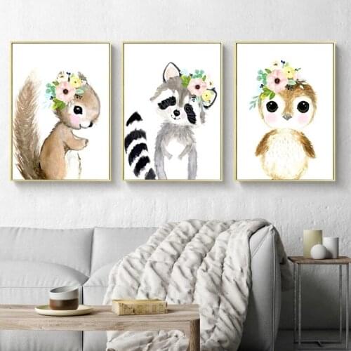 Pink Flower Head Bunny Squirrel Child Poster Animal Wall Art Canvas Nursery Print Painting Nordic Kid Room Decoration Picture