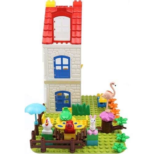 Two-Story Building Assemble Toys Blocks DIY Seesaw Animals Chickens Rabbit Umbrella Accessories Big Size Bricks Toys for Kids