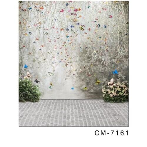 TR Retro Wall with White Vines and Butterflies Baby Children Photography Backgrounds Brick Floor Flowers Wedding Photo Backdrops