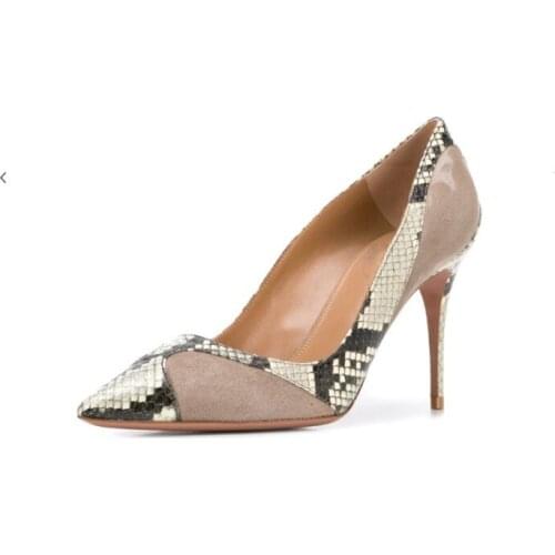 Fashion Python Leather Suede Patchwork Thin Kitten Heels Pumps Woman Snakeskin Pointed Toe Slip on Boutique Party High Heels