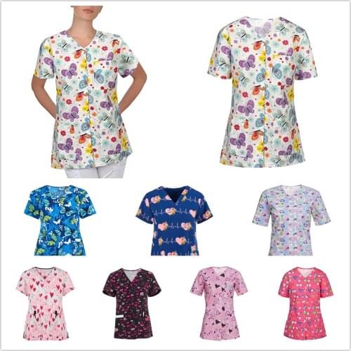 Plus Size Women Clinical Uniform Working Nurse Uniform 3XL Short Sleeve V-neck Tops Cartoon Heart Print Tshirt Nurse Accessories