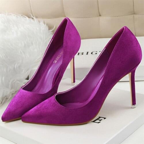 2021 Elegant 10cm High Heels Woman Yellow Purple Burgundy Pumps Lady Flock Classic Scarpin Bridal Plus Size 43 Party Prom Shoes