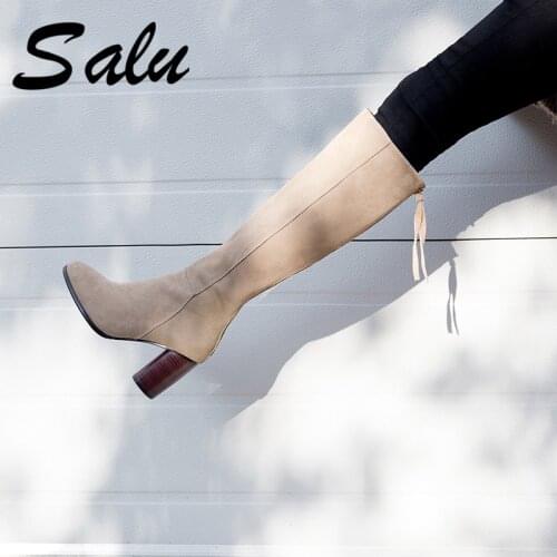 Salu Fashion Women Knee High Boots Autumn Winter Cow Suede High Heels Shoes Woman Round Toe Elegant Casual Brand High Boots