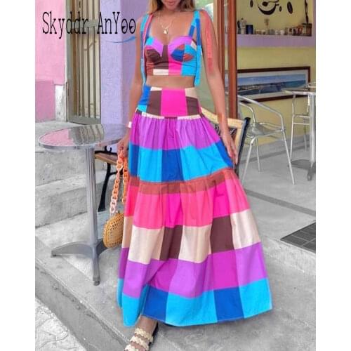 Summer Two Piece Set Womens Suits 2021 Mulit Plaid Printed Spaghetti Strap Cropped Top And High Waist Long Skirts Women Sets