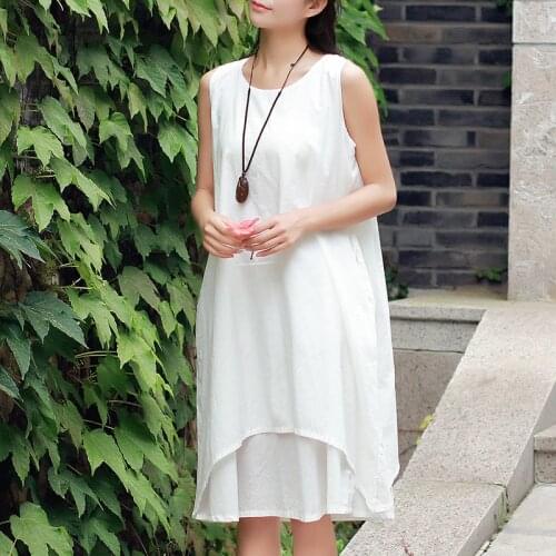 Women Summer Cotton Linen Sleeveless Dress Ladies Tanks Dress Solid color Simple Dresses Female Vest Dress Sundress