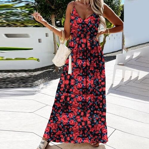 Bohemian Womens Sling Dress Sweet V-neck Flower Print Backless Long Dresses Female Vacation 2021 Beach Ladies Summer Vestidos