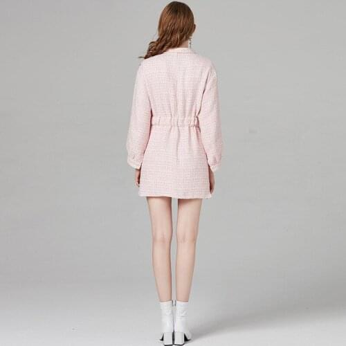 Women Autumn Runway Tweed Shirt Dress Pink Elegant Italy Designer Party Twill Loose Mini Dress Belted Female High Street Dresses