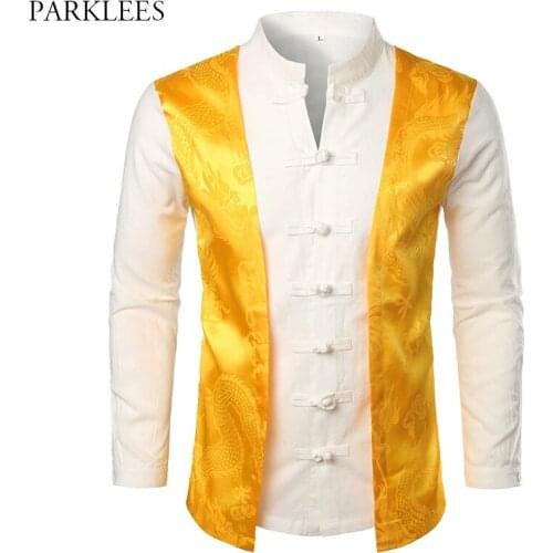 Gold Dragon Pattern Printed Linen Mens Shirt Hit Color Patchwork Men Long Sleeve Shirt Fashion Fake Two Pieces Shirt for Men 5XL