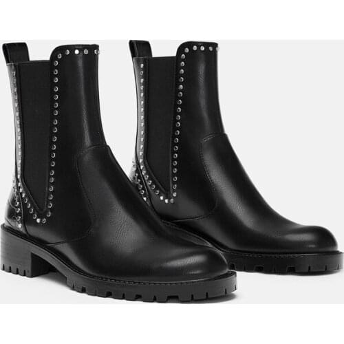 2021 Winter Rivet Martin Boots Women Tide British Style Thick-soled Motorcycle Short Boot Genuine Leather Shoes Woman Ankle Boot