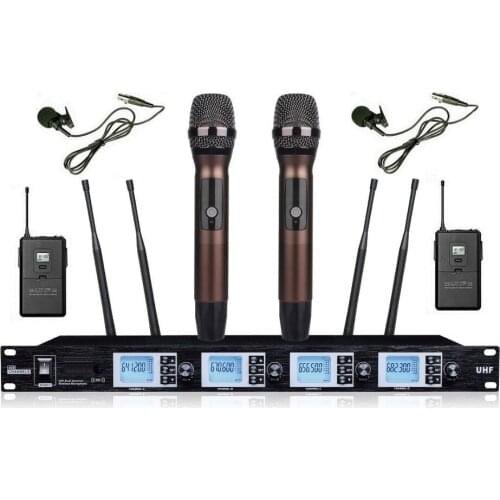 Bolymic 4 Channels wireless Vocal microphone 2 Handheld 2 Lapel UHF Professional Stage Headset Microphone lavalier For School