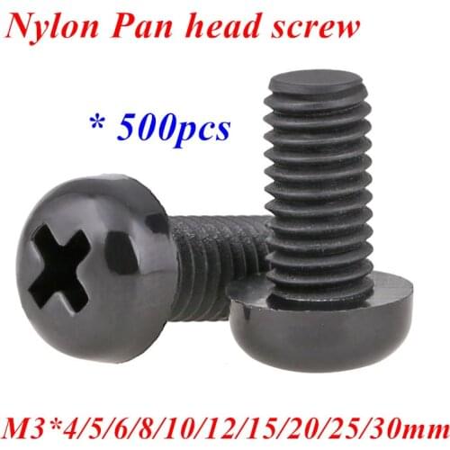 500pcs Thread 3mm M3*4/5/6/8/10/12/15/20/25mm Black Nylon Round Pan Head Screw Phillips head Machine screws bolts M3 Hex Nut