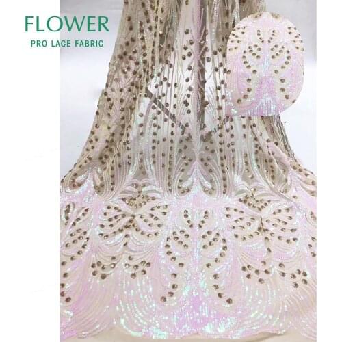 White And Gold Color Sequins Embroidery Lace Fabric For African Guinean Noble Lady Wedding Bride Dresses Prom Net Lace Material